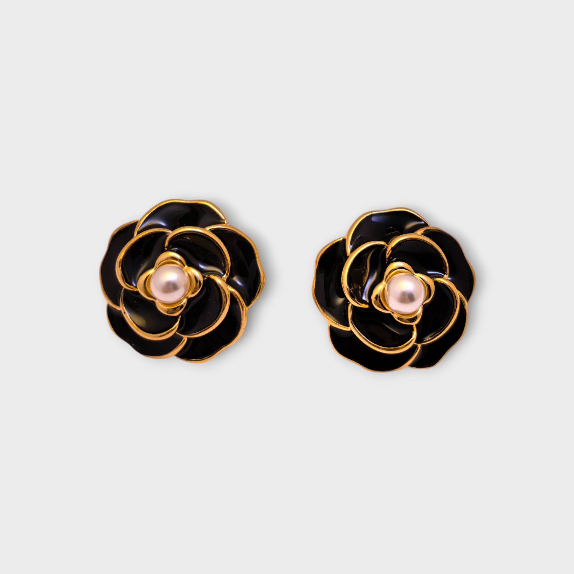 Black Enamel Rose Pearl Earrings