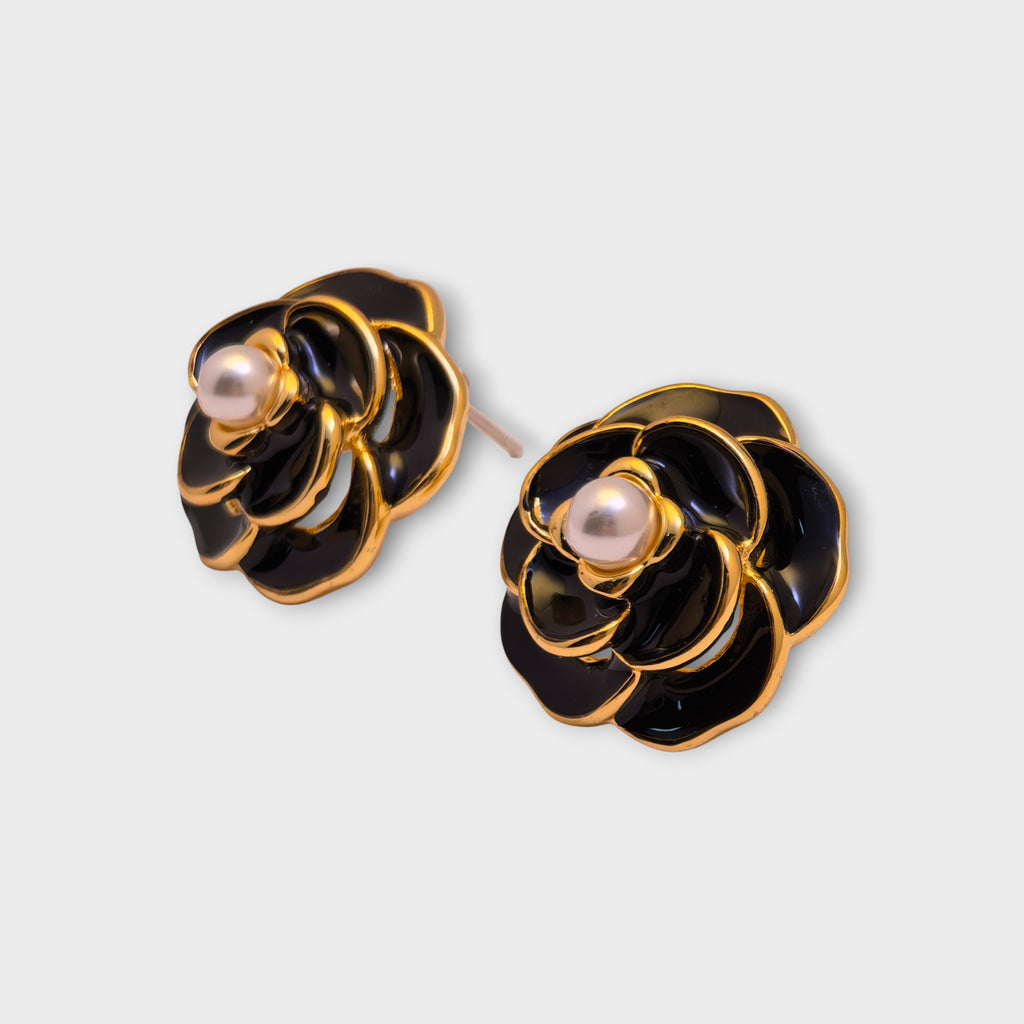 Black Enamel Rose Pearl Earrings