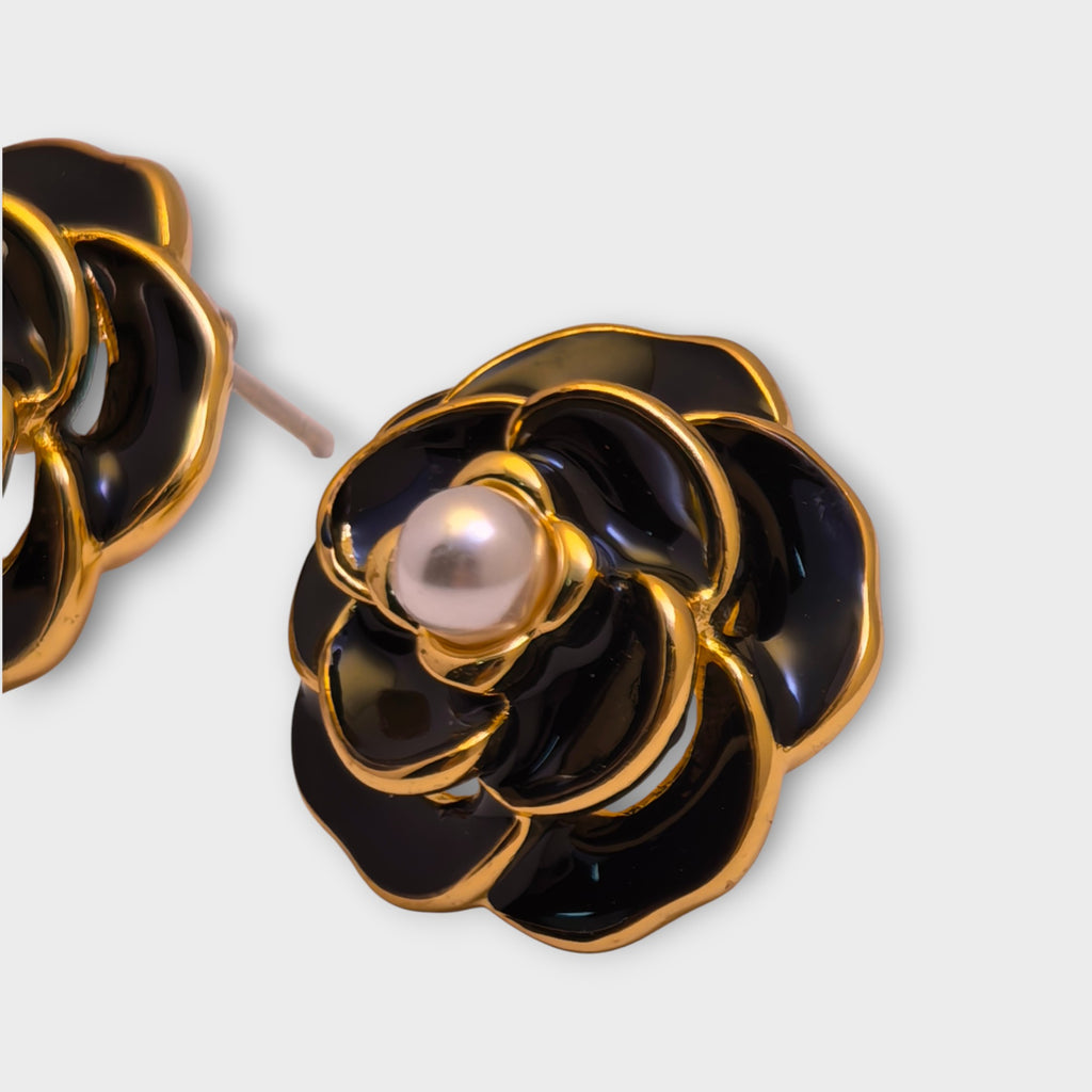 Black Enamel Rose Pearl Earrings