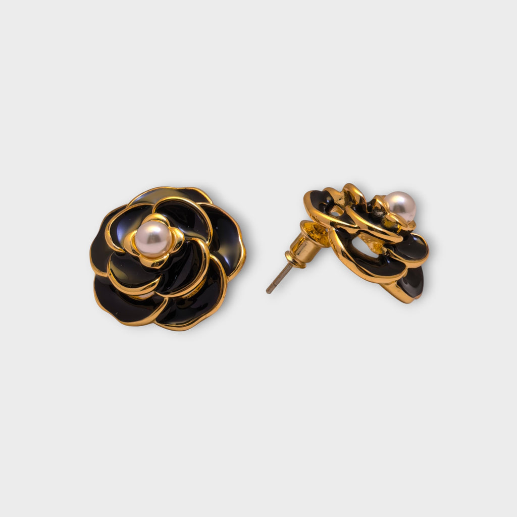 Black Enamel Rose Pearl Earrings