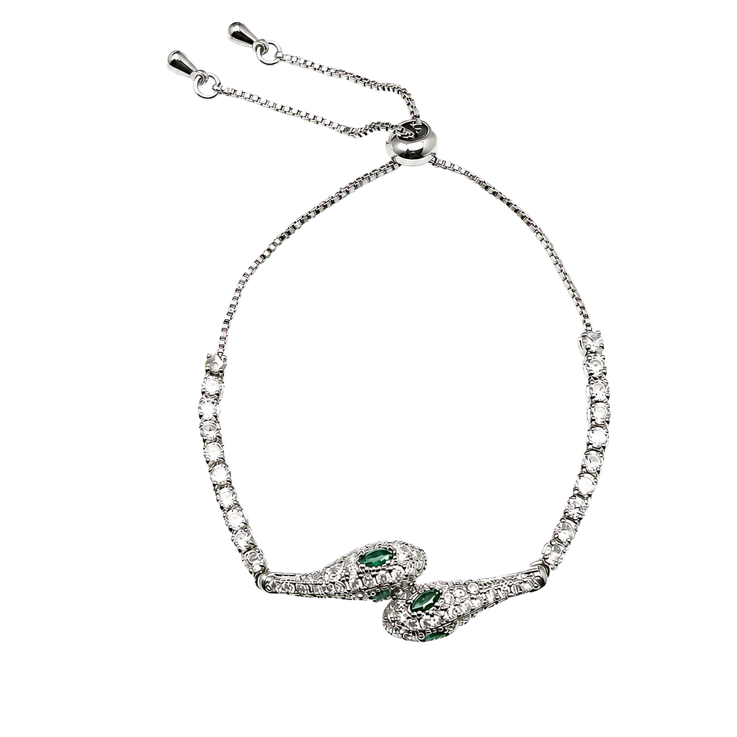 Silver Emerald Serpent Bracelet with two crystal-set snake heads and green eyes